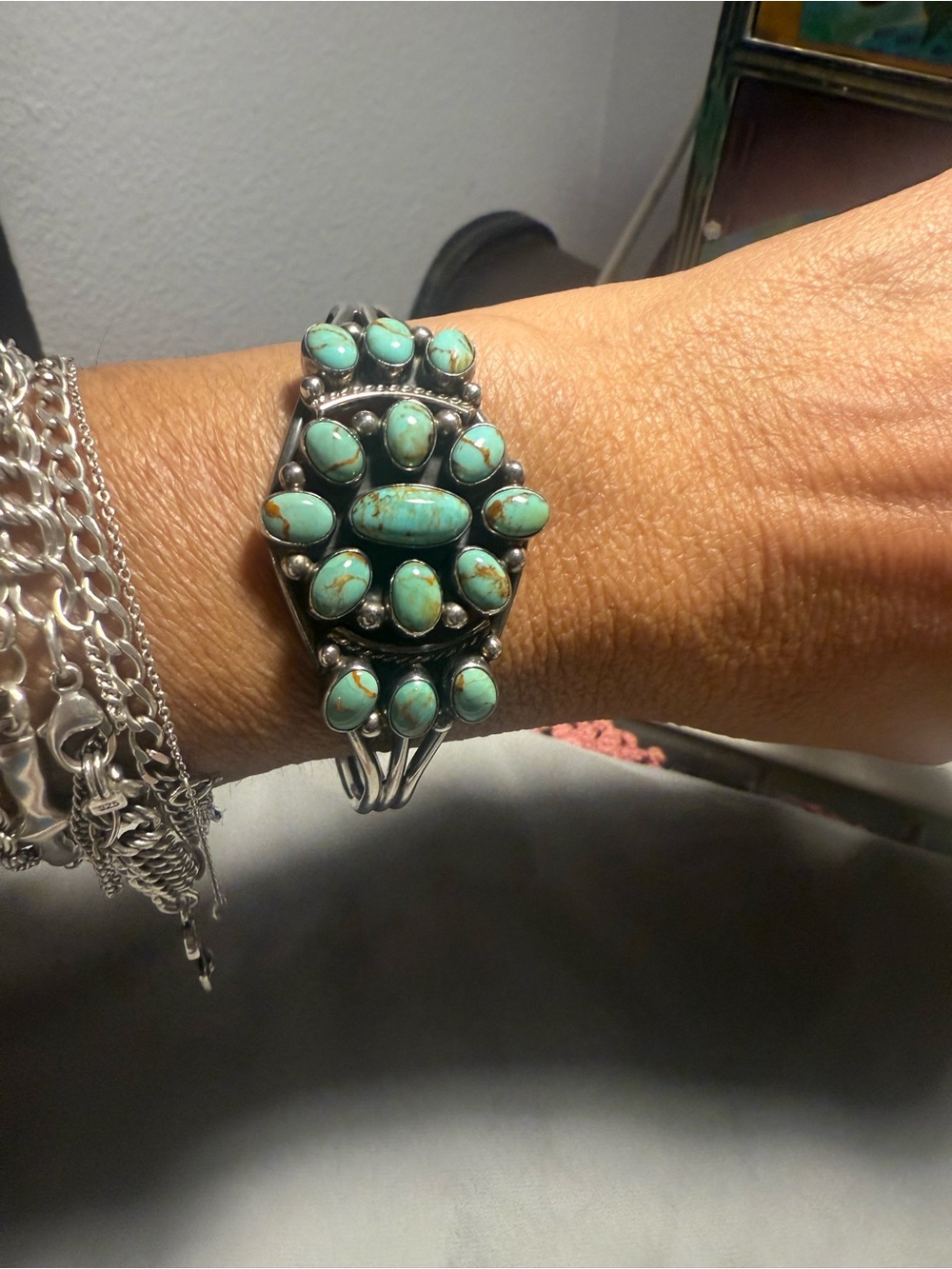 Sterling Turquoise Cluster Cuff Bracelet - green turquoise signed - Picture 6 of 6